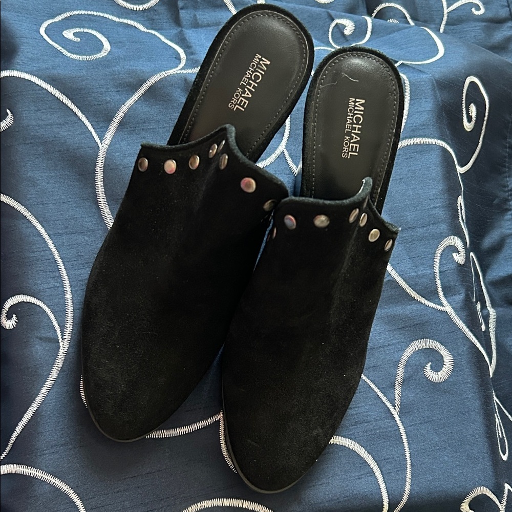 Michael Kors Black Suede Mules with Silver Accents